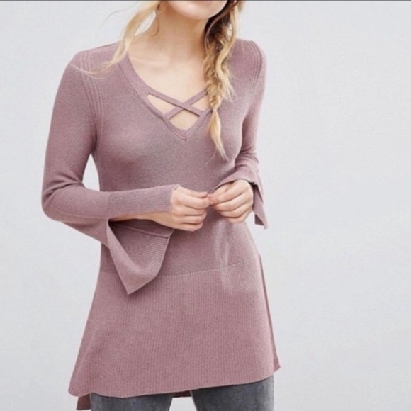 Free People Boho Dusty Mauve Criss Cross V-neckline Tunic Sweater - Picture 9 of 12